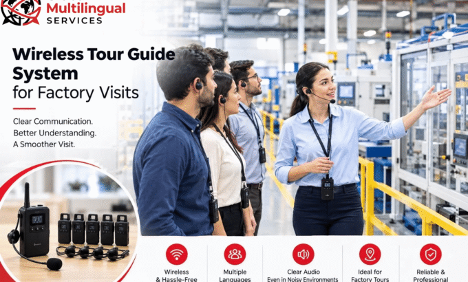 3 Wireless tour guide system for factory visits with headset-equipped visitors