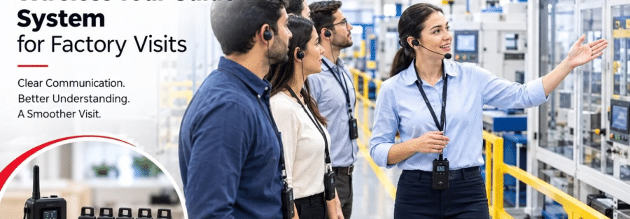 Wireless tour guide system for factory visits with headset-equipped visitors