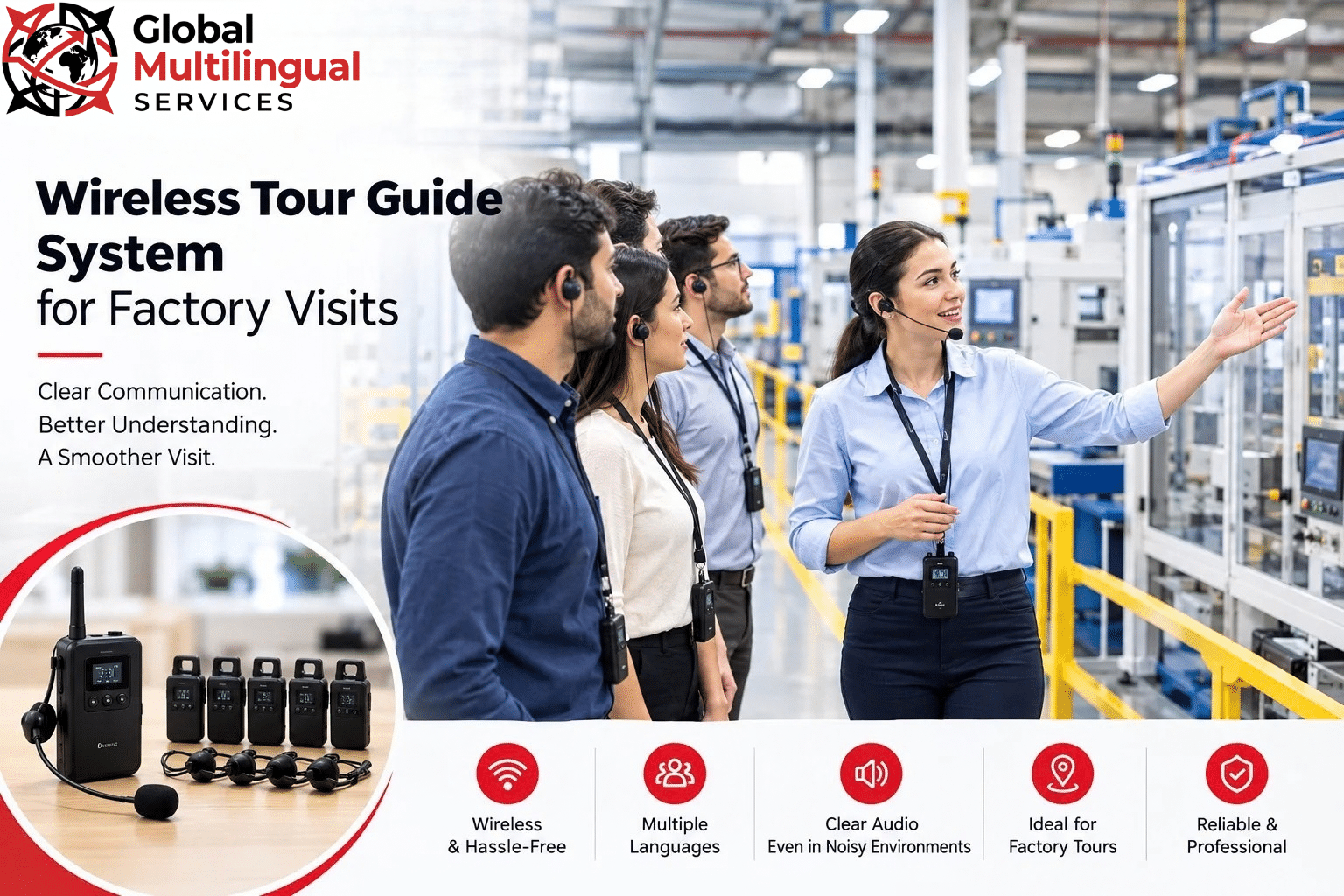 Wireless tour guide system for factory visits with headset-equipped visitors